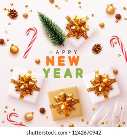 Happy New Year Modern background. Xmas sparkling gold star with gifts box and golden tinsel realistic glasses. Christmas posters, greeting cards, headers, website. Objects viewed from above. Flat lay,