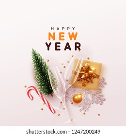 Happy New Year Modern background. Xmas sparkling gold star with gifts box and golden tinsel realistic glasses. Christmas posters, greeting cards, headers, website. Objects viewed from above. Flat lay,