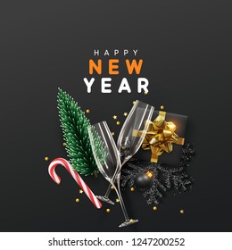 Happy New Year Modern background. Xmas sparkling gold star with gifts box and golden tinsel realistic glasses. Christmas posters, greeting cards, headers, website. Objects viewed from above. Flat lay,