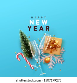 Happy New Year Modern background. Xmas sparkling gold star with gifts box and golden tinsel realistic glasses. Christmas posters, greeting cards, headers, website. Objects viewed from above. Flat lay,