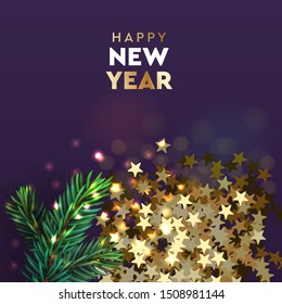 Happy New Year Modern background. Xmas sparkling gold star with pine branch. Christmas posters, greeting cards, headers, website. Objects viewed from above. Vector illustration