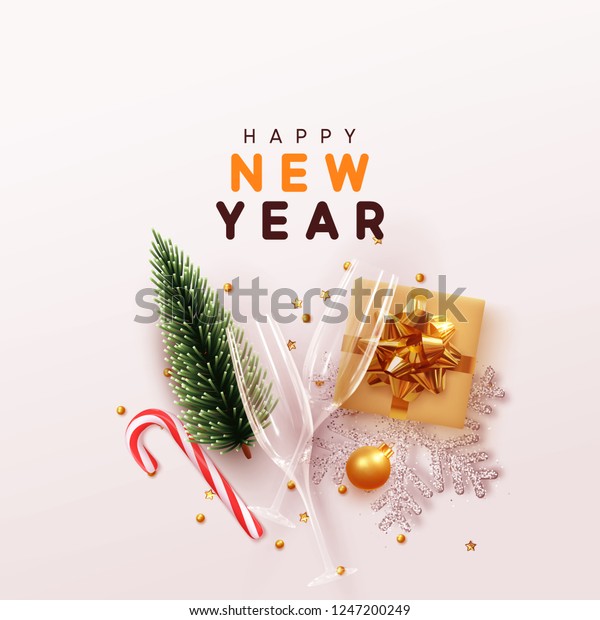 Happy New Year Modern background. Xmas sparkling gold star with gifts box and golden tinsel realistic glasses. Christmas posters, greeting cards, headers, website. Objects viewed from above. Flat lay,