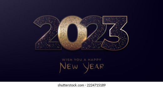 Happy New Year Modernes Banner-Design mit 2023 Logo aus glitzernden Schwarz-Gold-Zahlen