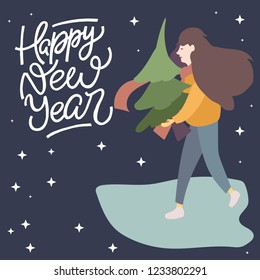 Happy New Year modern brush calligraphy. Merry christmas and happy new year greeting card. Winter ice skating. Vector illustration