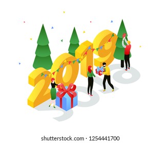 Happy New Year - modern colorful isometric vector illustration with 2019 number on white background. A composition with male, female characters decorating Christmas trees, giving each other presents