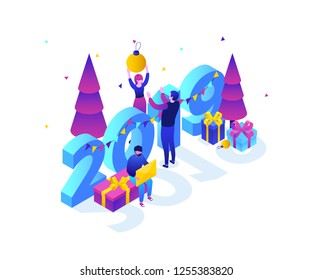 Happy New Year - modern colorful isometric vector illustration with 2019 number on white background. A composition with male, female characters decorating their workplace, presents, Christmas trees