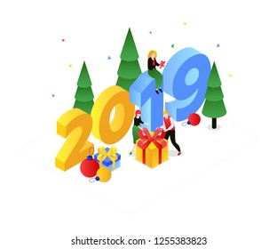Happy New Year - modern colorful isometric vector illustration with 2019 number on white background. A composition with male, female characters, business team, Christmas trees, gifts, decorations
