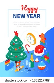 Happy New Year - modern colorful isometric web banner with copy space for text. Website header with holiday symbols. Gingerbread man, sugar cane, clock, decorated tree, mistletoe, stocking images