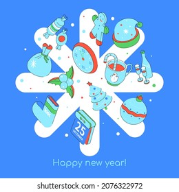 Happy New Year - modern colorful isometric illustration against the snowflake background. Calendar, gingerbread man, clock, fir tree. Party decorations, champagne, hot drinks, presents, Christmas idea