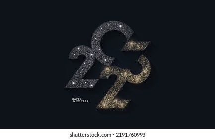 Happy New Year modern design with 2023 logo made of glittering black and gold numbers on night sky background. Minimalistic trendy background for branding, banner, cover, card