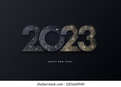 Happy New Year modern design with 2023 logo made of glittering black and gold numbers on night sky background. Minimalistic trendy background for branding, banner, cover, card - Shutterstock ID 2201669949