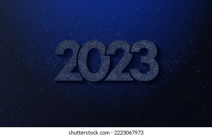 Happy New Year modern design with 2023 logo made of glittering black and gold numbers on night sky background. Minimalistic trendy background for branding, banner, cover, card.Bright Christmas glitter
