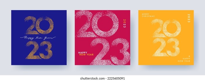 Happy New Year modern design Set with 2023 logo made of glittering gold and snow white numbers on blue, yellow and red backgrounds. Minimalistic trendy background for branding, banner, cover, card