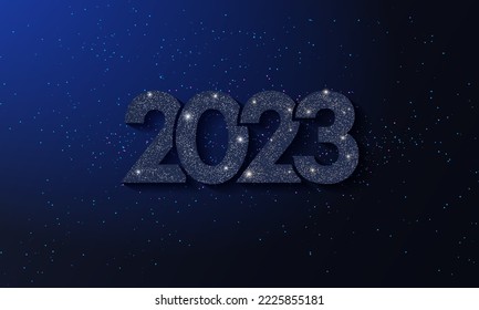 Happy New Year modern design with 2023 logo made of glittering black and gold numbers on night sky background. Minimalistic trendy background for branding, banner, cover, card.Bright Christmas glitter