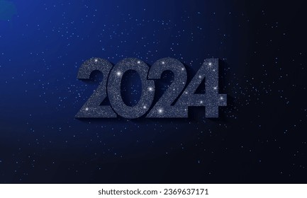 Happy New Year modern design with 2024 logo made of glittering black and gold numbers on night sky background. Minimalistic trendy background for branding, banner, cover, card.Bright Christmas glitter