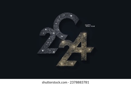 Happy New Year modern design with 2024 logo made of glittering black and gold numbers on night sky background. Minimalistic trendy background for branding, banner, cover, card