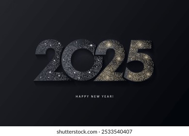 Feliz diseño moderno del año Nuevo con el logotipo de 2025 hecho de brillantes números negros y dorados en el fondo del cielo nocturno. Fondo minimalista de moda para la marca, Anuncio, cubierta, tarjeta