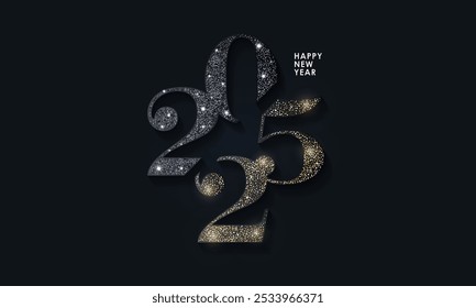 Happy New Year modernes Design mit 2025 Logo aus glitzernden schwarzen und goldenen Zahlen auf Nachthimmel Hintergrund. Minimalistischer trendiger Hintergrund für Branding, Banner, Umschlag, Karte