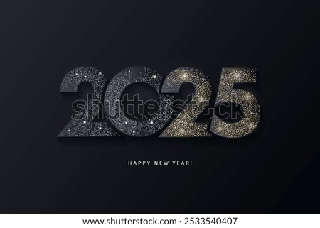 Happy New Year modern design with 2025 logo made of glittering black and gold numbers on night sky background. Minimalistic trendy background for branding, banner, cover, card