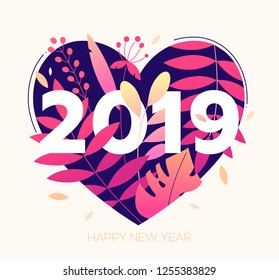 Happy New Year - modern flat design style illustration with floral composition, 2019 in heart shape on white background. Flowers, leaves, herbal elements. Perfect as greeting card, invitation, banner