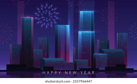 Happy New Year Modern Futuristic Night City. Cityscape on a dark background with fireworks. Front view vector illustration