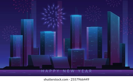 Happy New Year Modern Futuristic Night City. Cityscape on a dark background with fireworks. Front view vector illustration