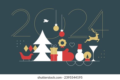 Happy New Year modern geometric banner template. Abstract 2024 holiday poster with winter decoration. Festive party invitation, minimalist event celebration greeting card.