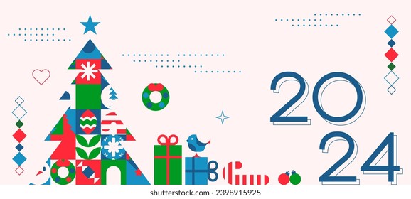 Happy New Year modern geometric banner template. Abstract 2024 holiday poster with winter decoration. Festive party invitation, minimalist event celebration greeting card in Bauhaus style.