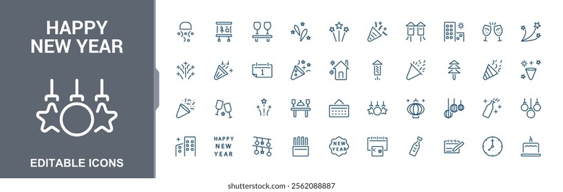 Happy New Year modern icons set. Featuring cake, champagne, gift, celebrate, new, christmas, event and more. Collection for mobile and web apps. Minimalist editable vector icon and illustration.