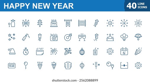 Happy New Year modern icons set. Featuring cake, champagne, gift, celebrate, new, christmas, event and more. Collection for mobile and web apps. Minimalist editable vector icon and illustration.