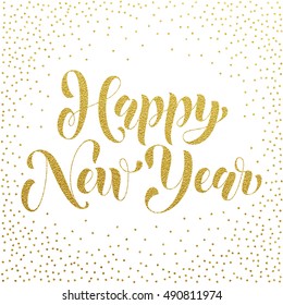 Happy New Year modern lettering design. New Year greeting holiday card with golden pattern decoration. Vector hand drawn festive text for banner, poster, invitation on white background.