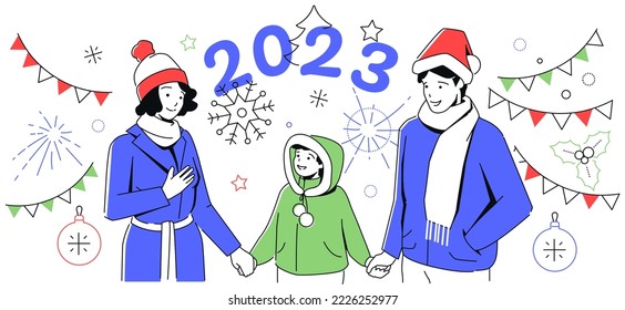 Happy New Year - modern line design style illustration. A family, smiling parents and a child in warm clothes celebrating winter holidays. Christmas decorations, flags, snowflake, ornaments, firework