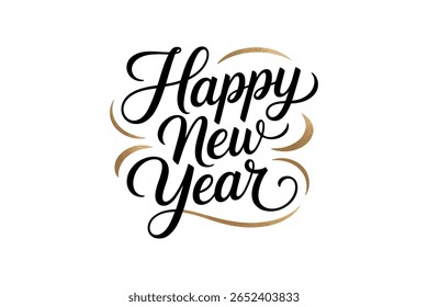 Happy new year modern script, gold accent, festive greeting card, holiday celebration, elegant vector, cheerful design