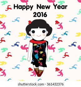 Happy New Year Of Monkey 2016 Card Character illustration