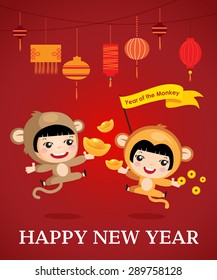 Happy new year of the monkey, character design, cartoon boy girl, Happy chinese new year 