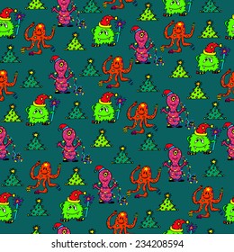 happy new year monsters seamless pattern