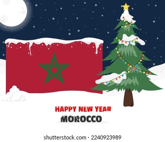 Happy new year in Morocco with Christmas tree and snow, banner or content design idea, Morocco flag with pine tree, new year celebration idea, sky with full moon and stars, vector design