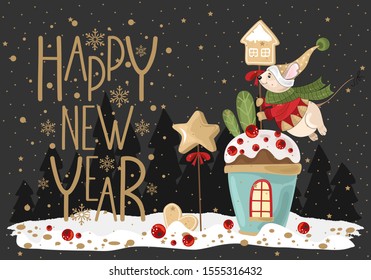 Happy new year with Mouse, festive Cup, branches and sweets. Vector illustration. Winter holiday card with calligraphic and hand-drawn design elements.
