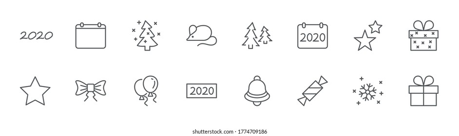 Happy New Year Mouse Line Icon. Christmas Tree, Bell, Stars. Editable Stroke