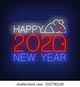 Happy New Year with mouse and numbers neon sign. Glowing neon two thousand and twenty. New year, Christmas, winter. Vector illustration in neon style for greeting card, invitation, announcement