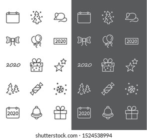 Happy New Year Mouse. Set vector line icon. Contains such Icons as Mouse, Christmas Tree, Calendar 2020, Bow, Balloons, Bell, Candy, Gift Box, Stars, Snowflake. Editable Stroke. 32x32 Pixel Perfect.
