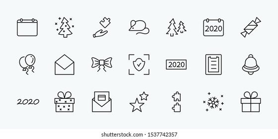 Happy New Year Mouse. Set vector line icon. Contains such Icons as Mouse, Christmas Tree, Calendar 2020, Bow, Balloons, Bell, Candy, Gift Box, Stars, Snowflake. Editable Stroke. 32x32 Pixel Perfect.