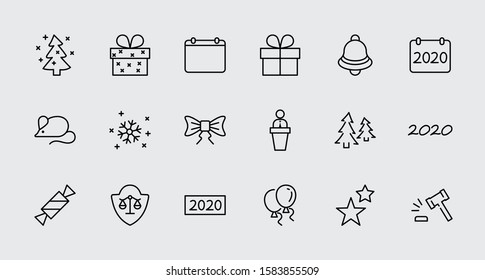 Happy New Year Mouse. Set vector line icon. Contains such Icons as Mouse, Christmas Tree, Calendar 2020, Bow, Balloons, Bell, Candy, Gift Box, Stars, Snowflake. Editable Stroke. 32x32 Pixel Perfect.