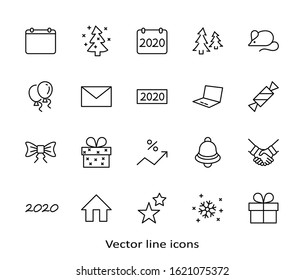 Happy New Year Mouse. Set vector line icon. Contains such Icons as Mouse, Christmas Tree, Calendar 2020, Bow, Balloons, Bell, Candy, Gift Box, Stars, Snowflake. Editable Stroke. 32x32 Pixels