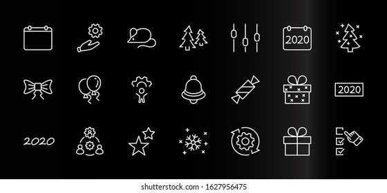 Happy New Year Mouse. Set vector line icon. Contains such Icons as Mouse, Christmas Tree, Calendar 2020, Bow, Balloons, Bell, Candy, Gift Box, Stars, Snowflake. Editable Stroke. 32x32 Pixels