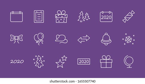 Happy New Year Mouse. Set vector line icon. Contains such Icons as Mouse, Christmas Tree, Calendar 2020, Bow, Balloons, Bell, Candy, Gift Box, Stars, Snowflake. Editable Stroke. 32x32 Pixels