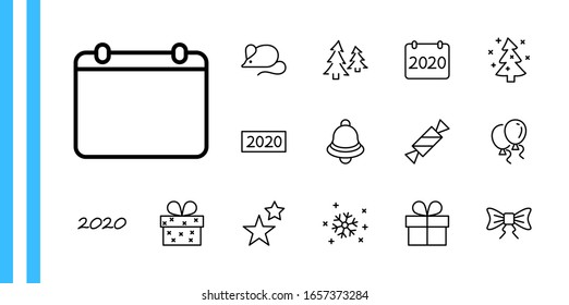 Fröhliche Maus zum Neujahr. Stellen Sie das Symbol Vektorillustration ein. Enthält solche Symbole wie Maus, Weihnachtsbaum, Kalender 2020, Bow, Balloons, Glocke, Bonbons, Geschenkbox, Sterne, Schneeflocke. Bearbeitbarer Stroke. 32 x 32 Pixel