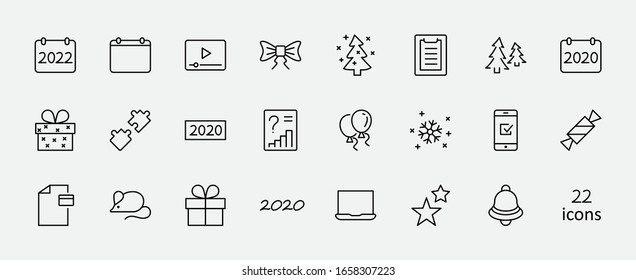 Happy New Year Mouse. Set vector line icon. Contains such Icons as Mouse, Christmas Tree, Calendar 2020, Bow, Balloons, Bell, Candy, Gift Box, Stars, Snowflake. Editable Stroke. 32x32 Pixels