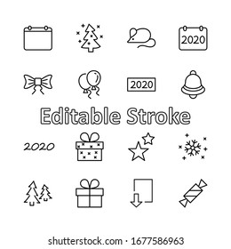 Happy New Year Mouse. Set vector line icon. Contains such Icons as Mouse, Christmas Tree, Calendar 2020, Bow, Balloons, Bell, Candy, Gift Box, Stars, Snowflake. Editable Stroke. 32x32 Pixels