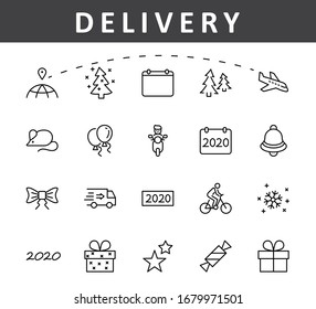 Happy New Year Mouse. Set vector line icon. Contains such Icons as Mouse, Christmas Tree, Calendar 2020, Bow, Balloons, Bell, Candy, Gift Box, Stars, Snowflake. Editable Stroke. 32x32 Pixels